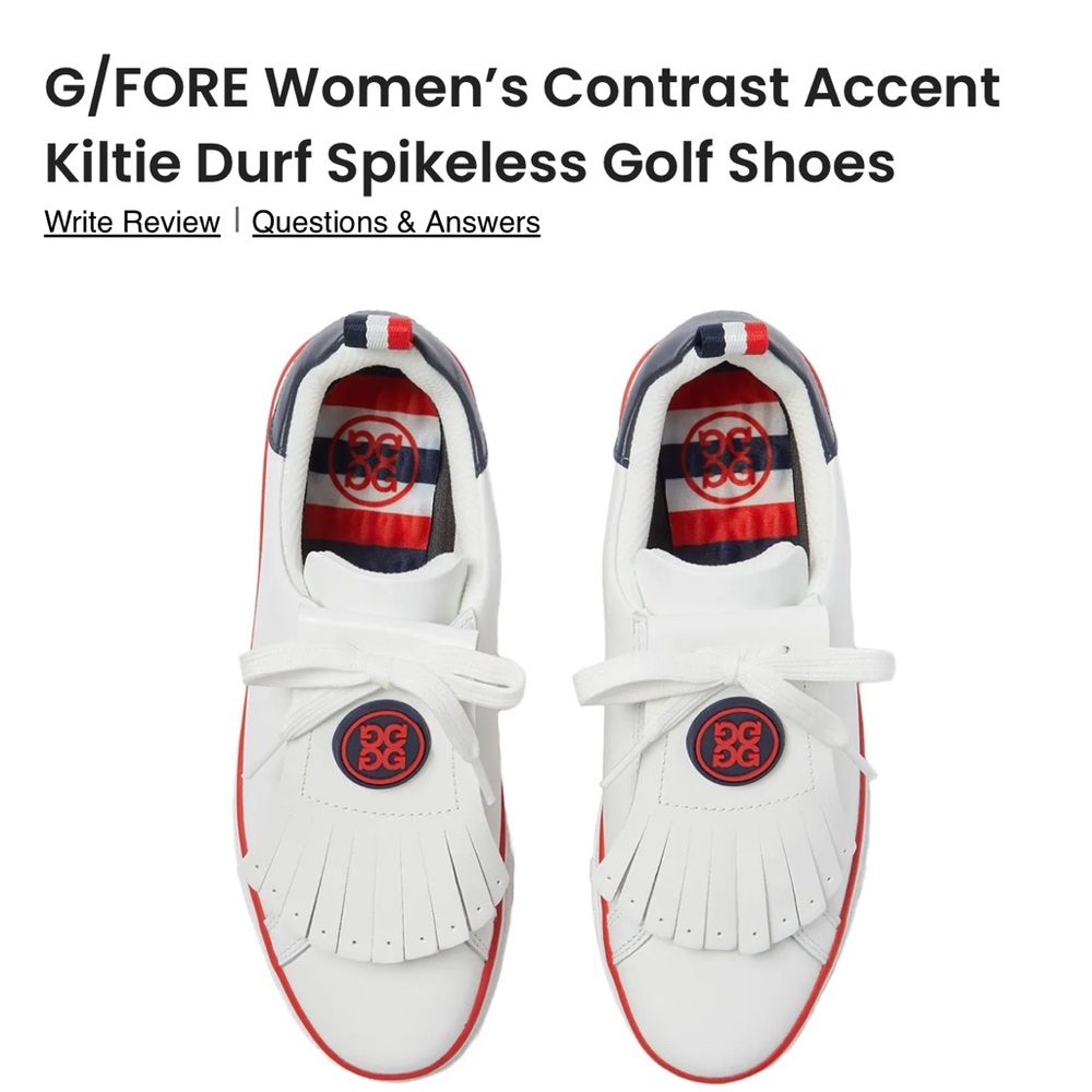 G/FORE Women's White Sneakers with Red Stripe and Navy Heel Tab - Picture 2 of 7